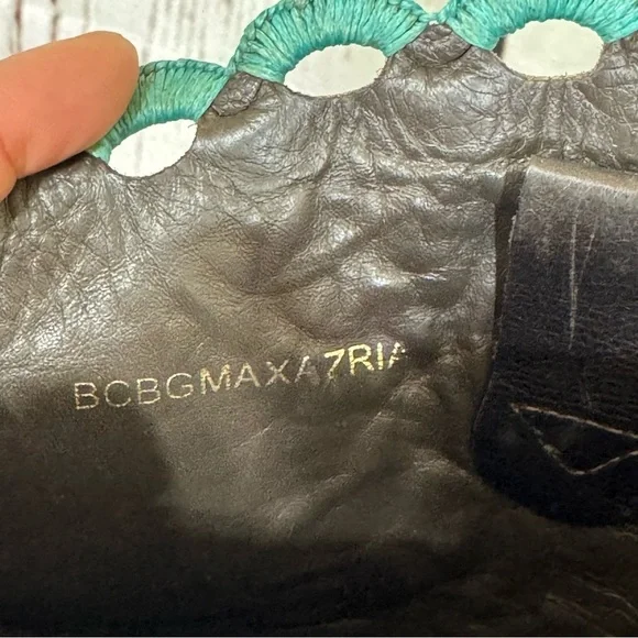 BCBG MAX AZRIA distressed Black leather blue raffia embroidery tall Boots 7 GUC